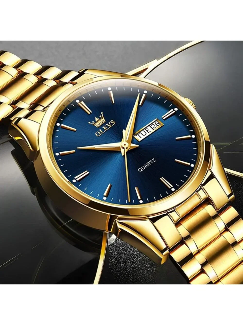 Men's Gold Blue Analog Quartz Stainless Steel Classic Luxury Date Wrist Watch